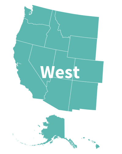 USA map west: Alaska, Arizona, California, Oregon, Nevada, Idaho, Hawaii, Montana, Colorado, New Mexico, Washington, Wyoming, Utah.
