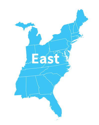 USA map east state: Maine, New Hampshire, Vermont, Massachusetts, Rhode Island, Connecticut, New Jersey, Delaware, Maryland, West Virginia, North Carolina, South Carolina, Alabama, Georgia, Florida, Mississippi, Tennessee, Kentucky, Indiana, Ohio, Pennsylvania, New York, Michigan, and Virginia. 