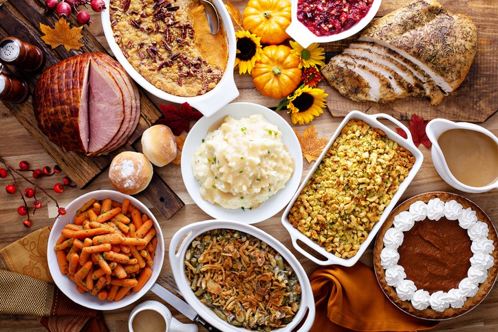 Spread of Thanksgiving food on a table