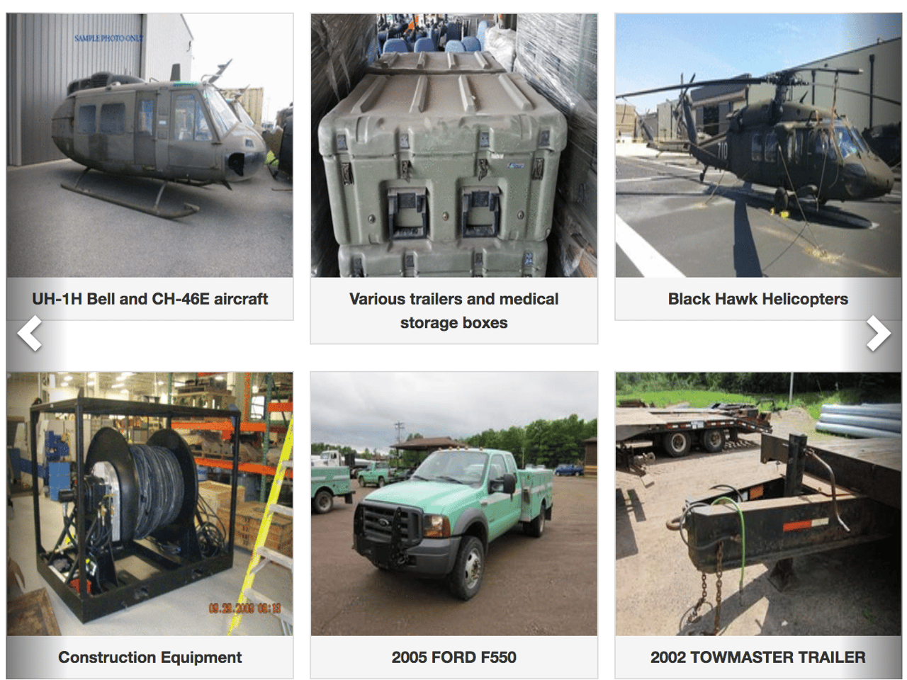 Six examples of things you can buy from a government auction, such as a pickup truck, helicopters, and medical storage boxes