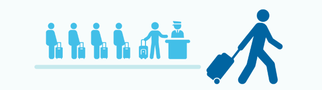 Icons of man walking with suitcase away from long travel line at the airport
