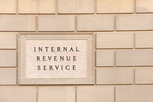 Internal Revenue Service sign on a brick wall