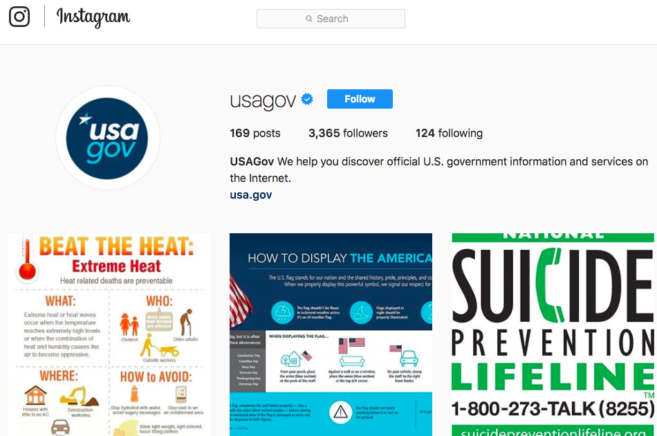 USAGov Desktop Instagram Page with first three posts 